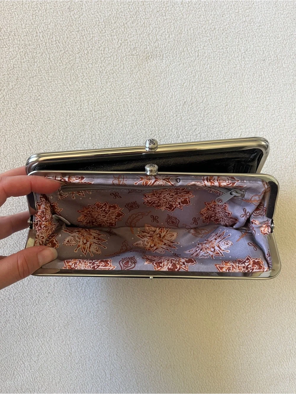 HOBO Black Floral Flower Embossed Leather Wallet Clutch Paisley Lining Silver